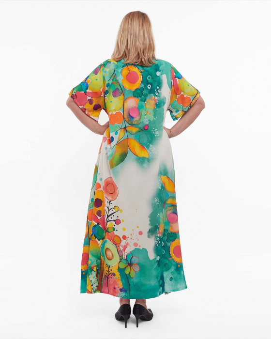 Rochie turcoaz maxi smart casual din vâscoză cu imprimeu floral și mâneci dolman [2]