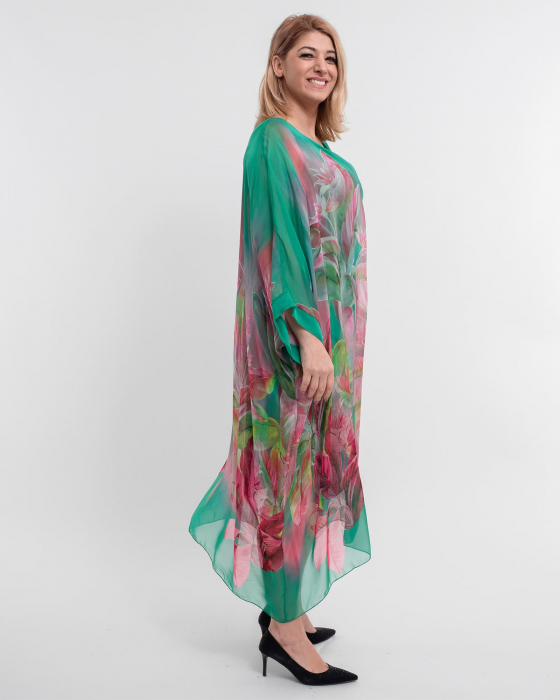 Rochie verde deschis cu matase si imprimeu floral roz [3]