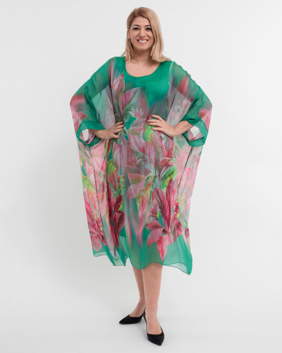 Rochie verde deschis cu matase si imprimeu floral roz [1]