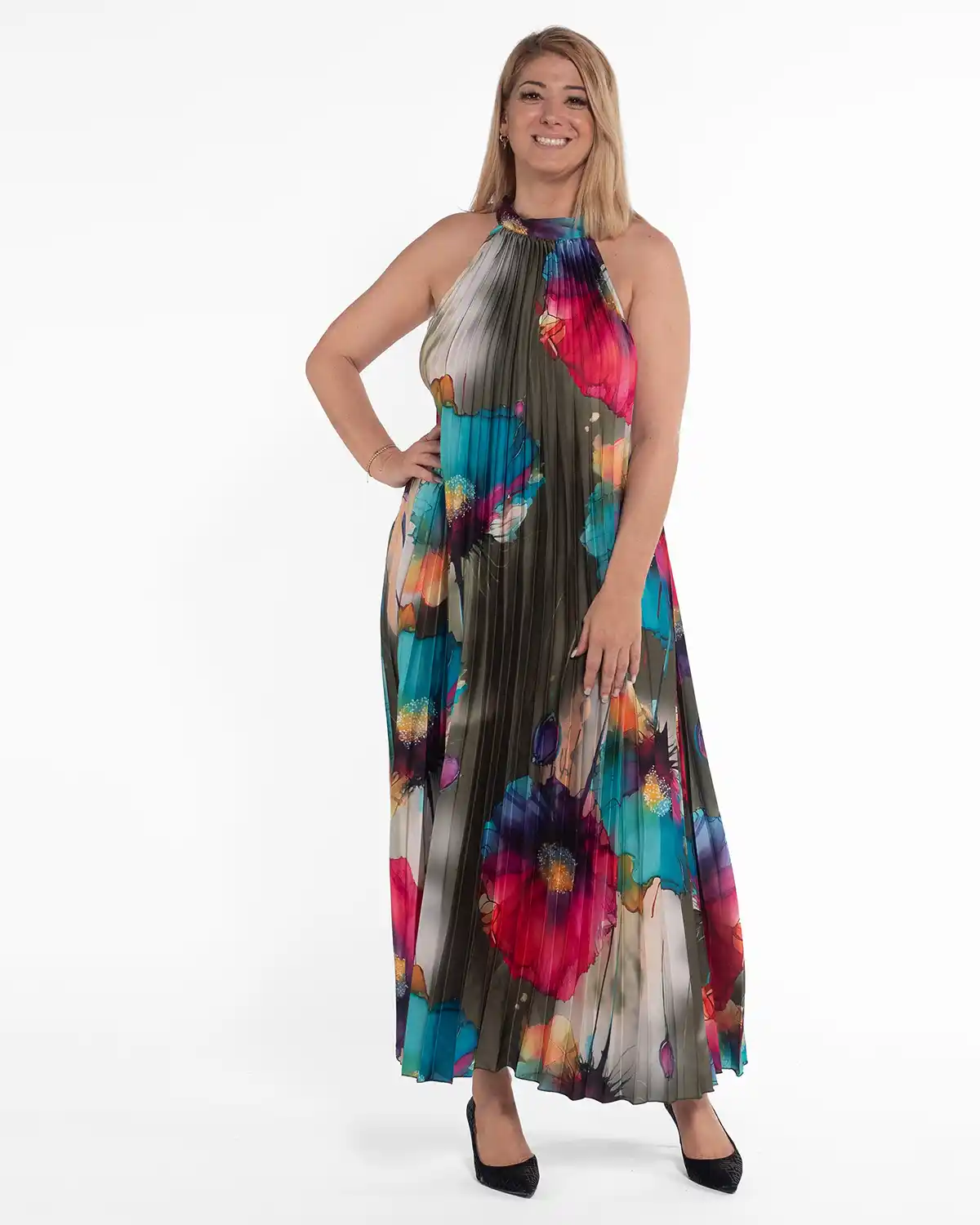 Rochie verde glam maxi plisată cu imprimeu floral [1]