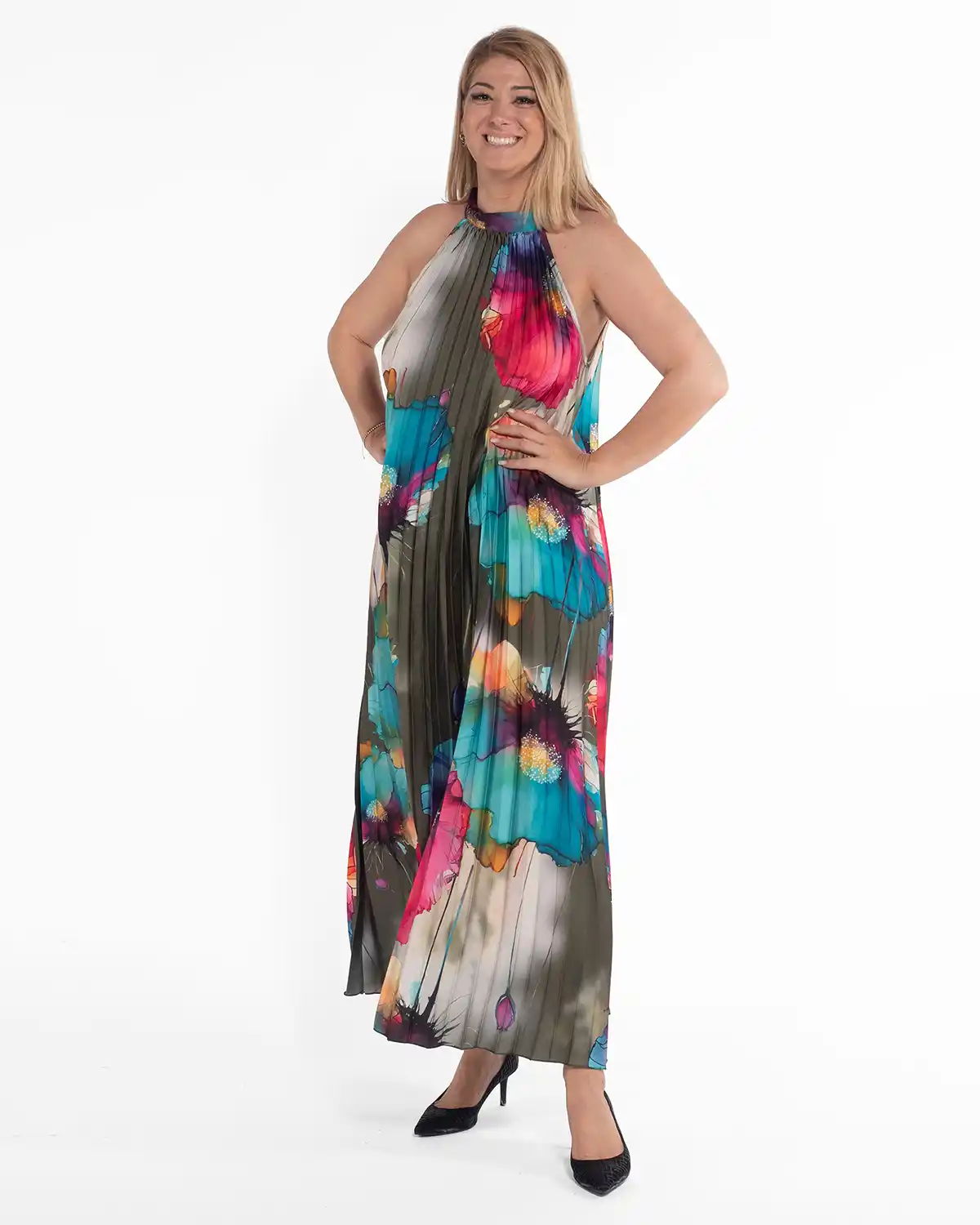 Rochie verde glam maxi plisată cu imprimeu floral [4]