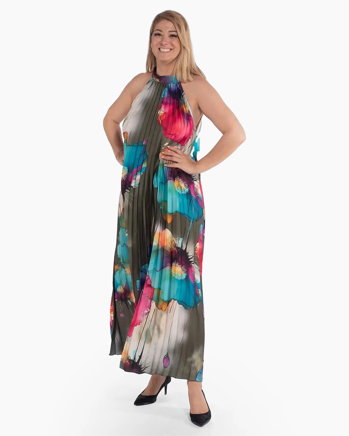 Rochie verde glam maxi plisată cu imprimeu floral [4]