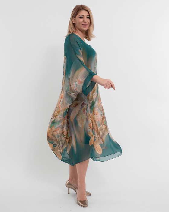 Rochie verde inchis cu matase si imprimeu floral bej [3]