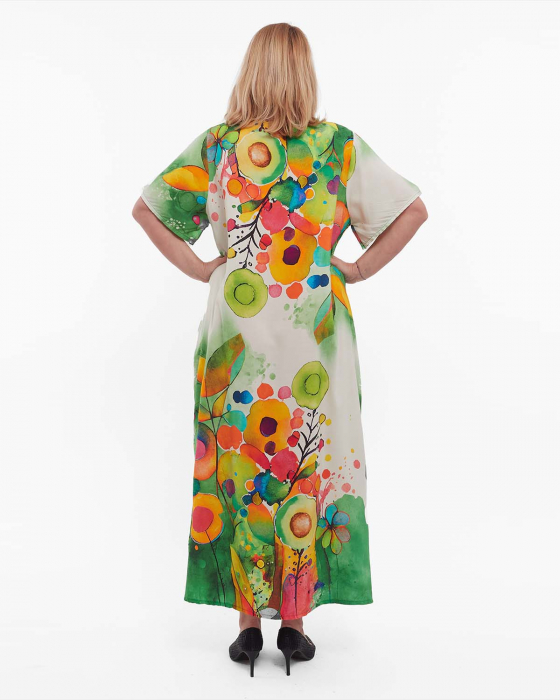 Rochie verde maxi A-line, fluidă și florală, stil smart casual [2]