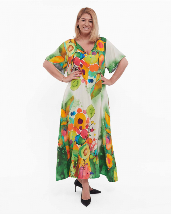 Rochie verde maxi A-line, fluidă și florală, stil smart casual [3]