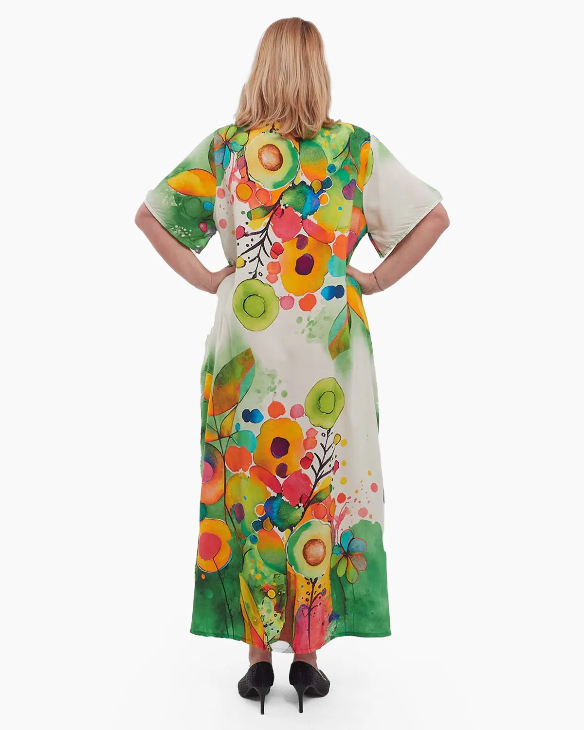 Rochie verde maxi A-line, fluidă și florală, stil smart casual [2]