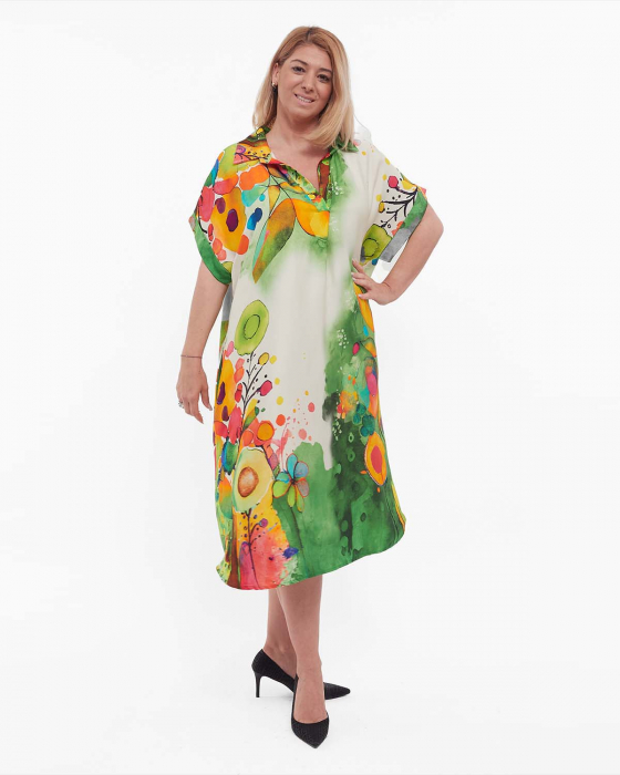 Rochie verde midi din vâscoză cu imprimeu floral stil smart casual plus-size [3]