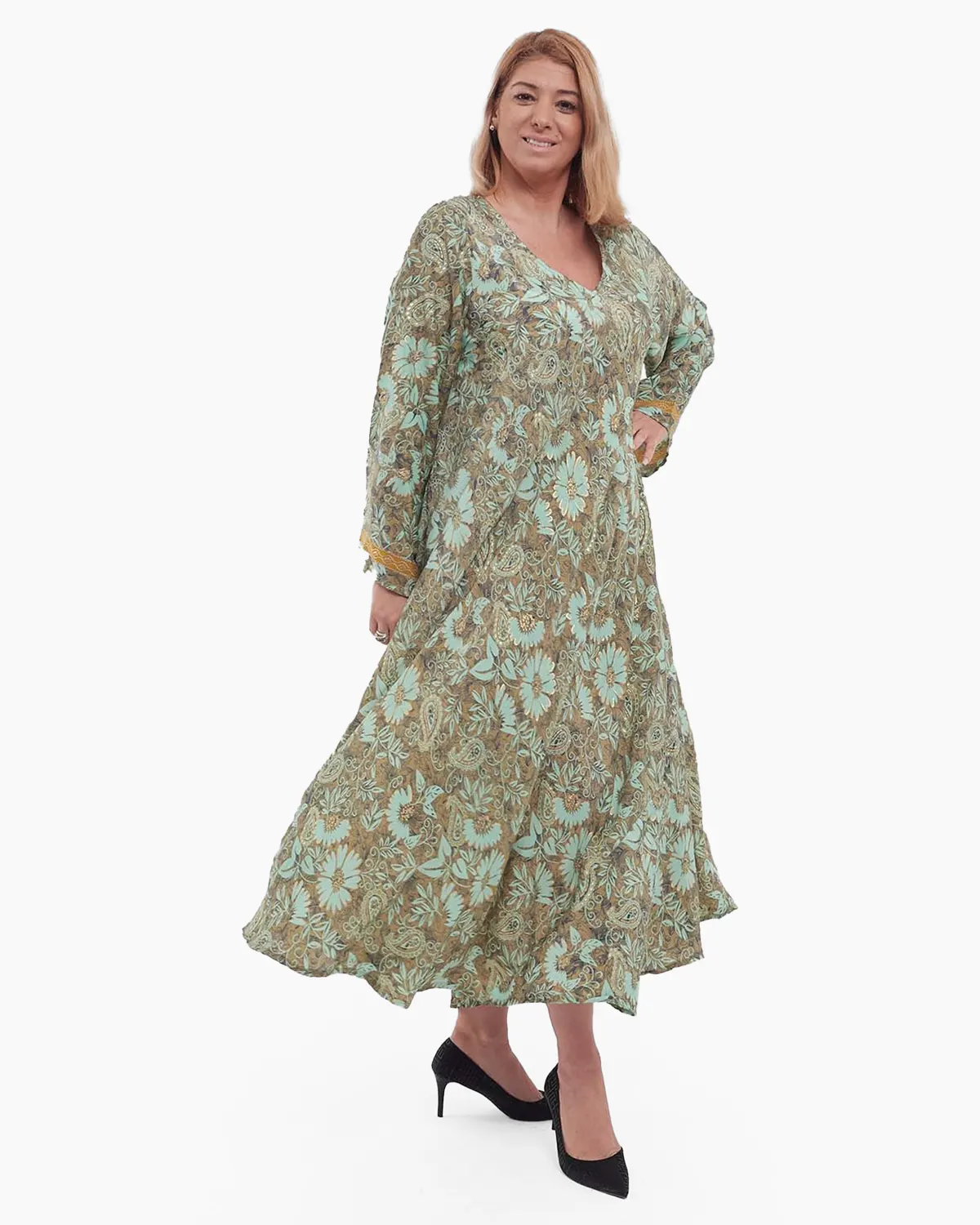 Rochie vernil maxi din mătase stil indian cu imprimeu floral [3]