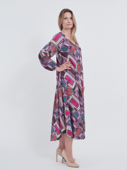 Rochie violet evazata, cu imprimeu geometric [2]