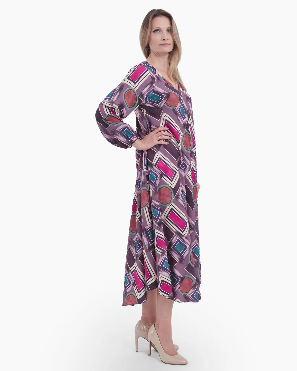 Rochie violet evazata, cu imprimeu geometric [2]