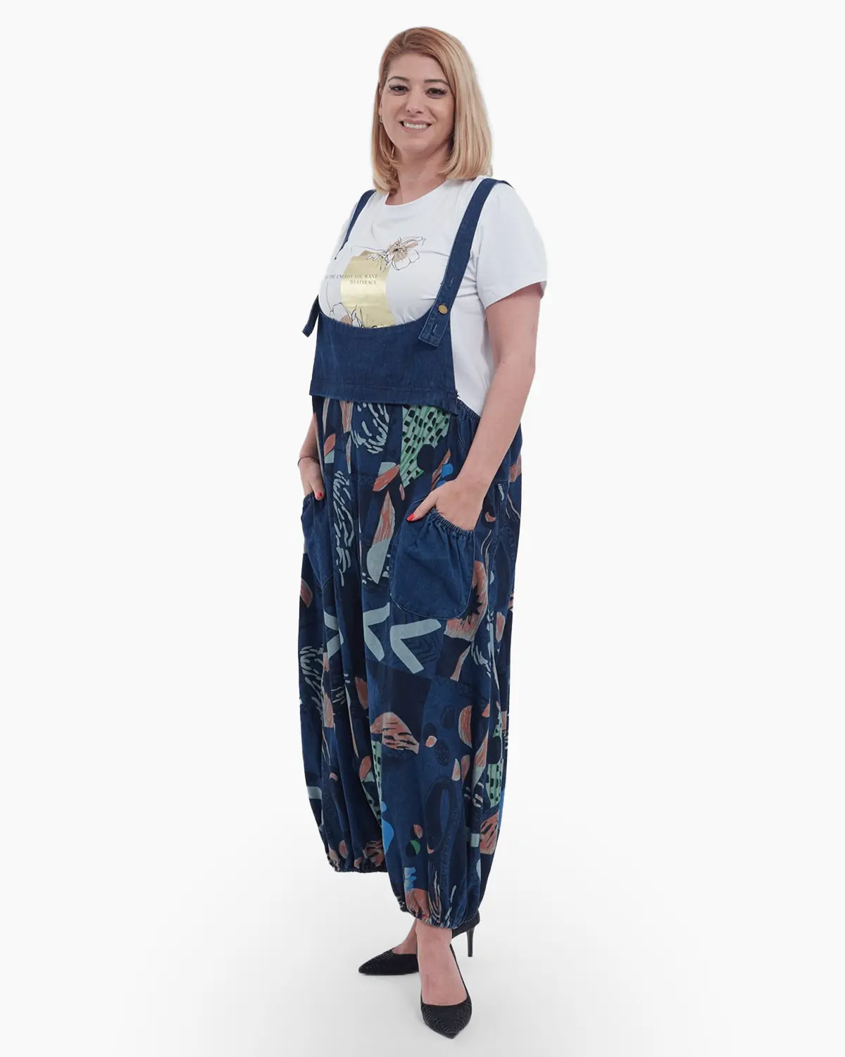 Salopetă Boho din Denim cu Croială Tip Balon și Imprimeu Abstract – Stil Confortabil și Creativ [2]