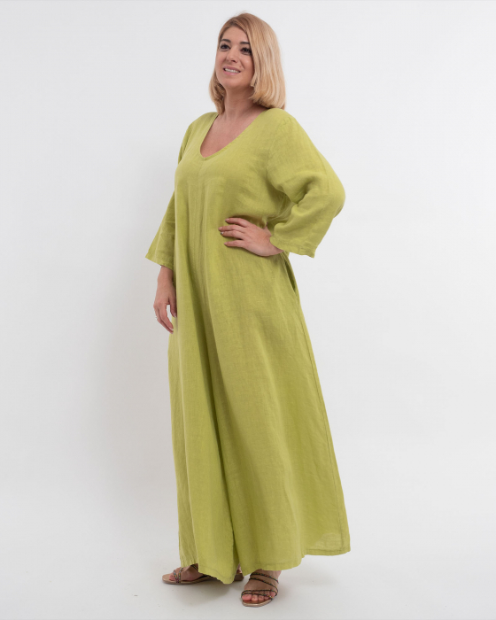 Salopetă din in verde lime cu buzunare și design lejer [2]