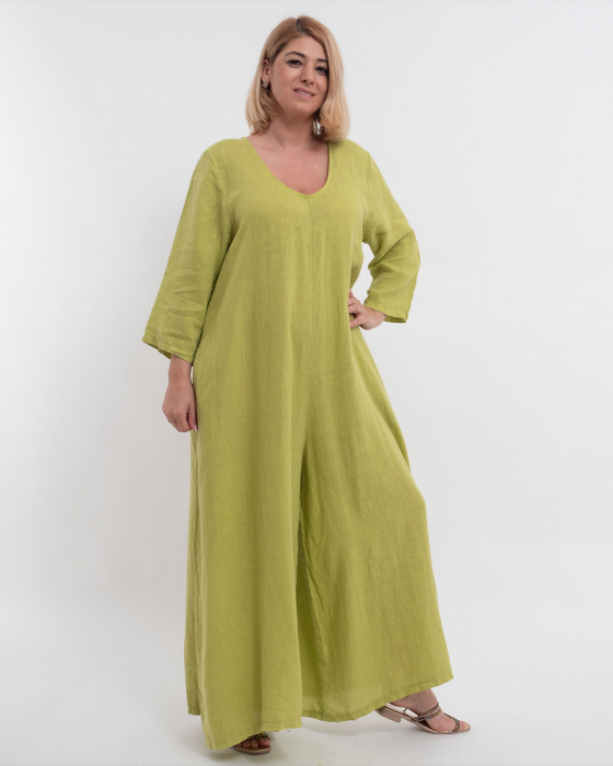 Salopetă din in verde lime cu buzunare și design lejer [3]