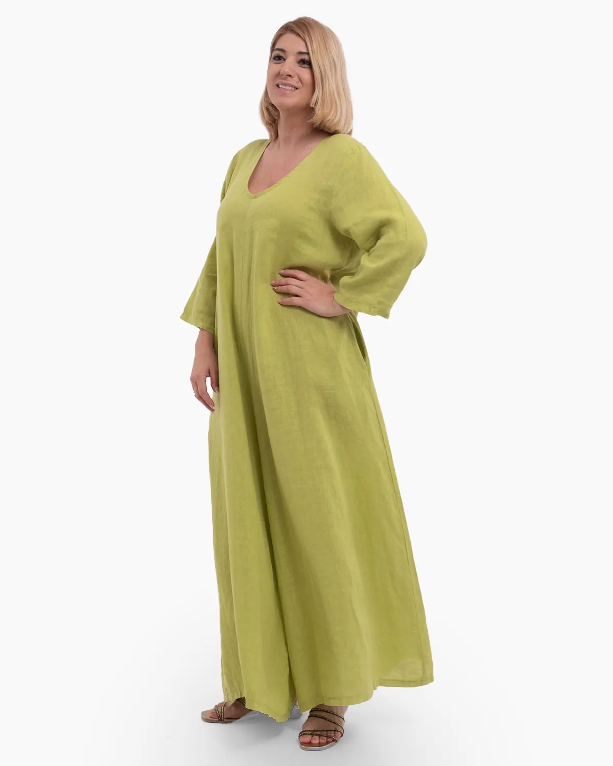 Salopetă din in verde lime cu buzunare și design lejer [2]