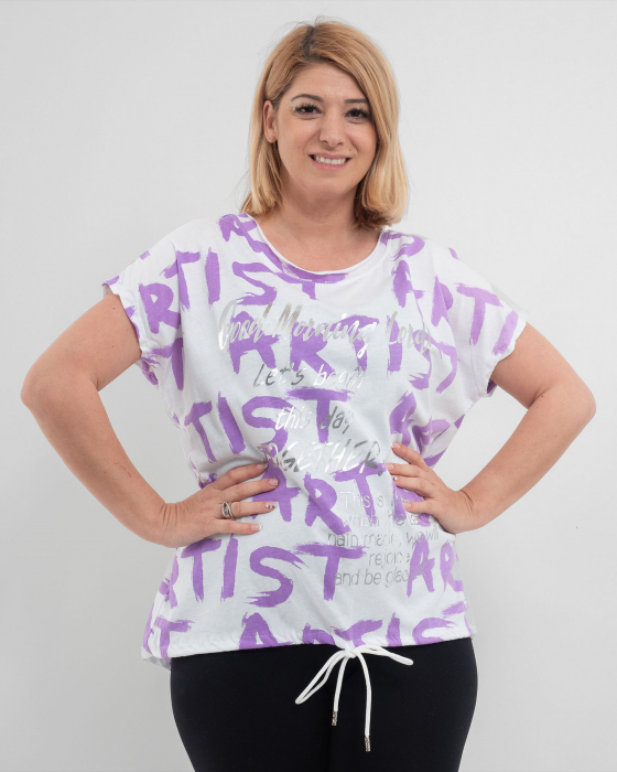 Tricou alb 'Chic Blossom' din bumbac, cu motive florale mov și cuvinte [1]