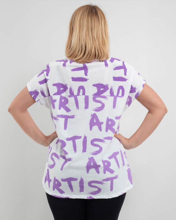 Tricou alb 'Chic Blossom' din bumbac, cu motive florale mov și cuvinte [2]