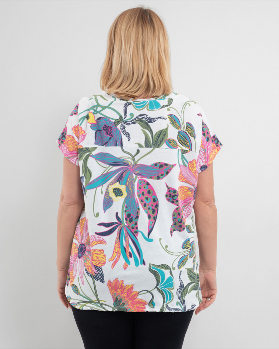 Tricou alb 'Chic Blossom' din bumbac, cu motive florale multicolore și cuvinte [2]