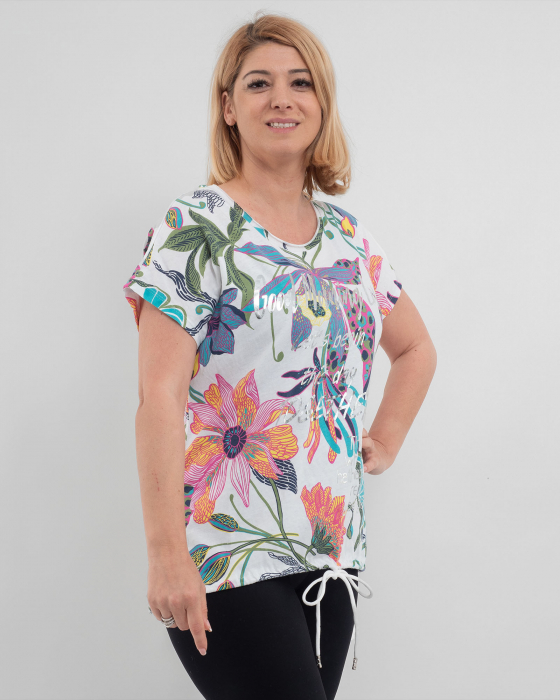 Tricou alb 'Chic Blossom' din bumbac, cu motive florale multicolore și cuvinte [3]