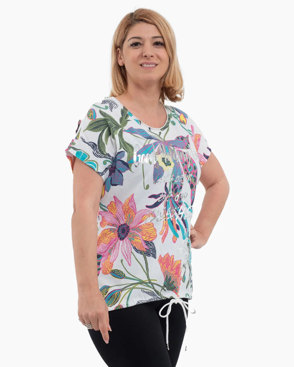Tricou alb 'Chic Blossom' din bumbac, cu motive florale multicolore și cuvinte [3]