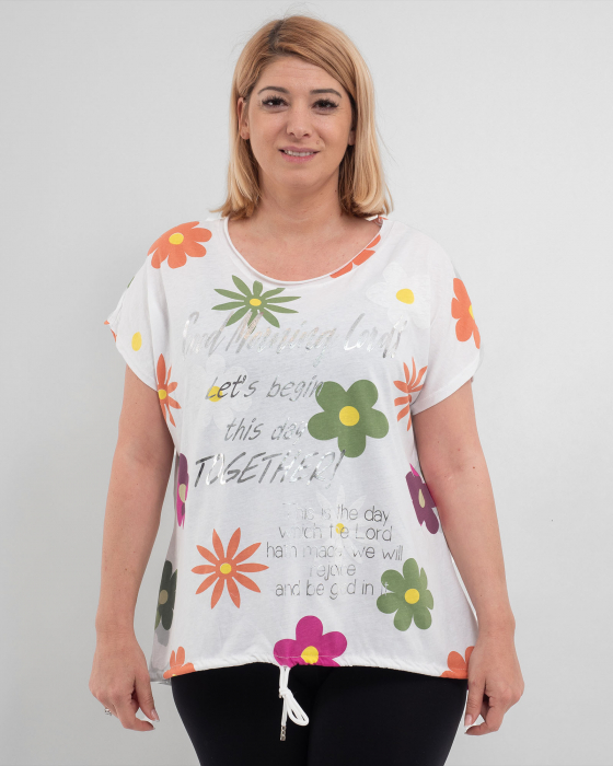Tricou alb 'Chic Blossom' din bumbac, cu motive florale și cuvinte [1]