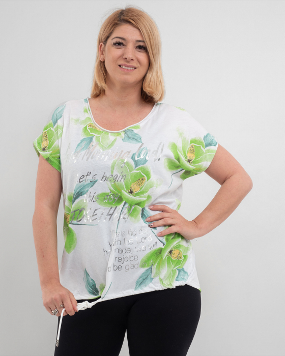 Tricou alb 'Chic Blossom' din bumbac, cu motive florale vernil și cuvinte [1]