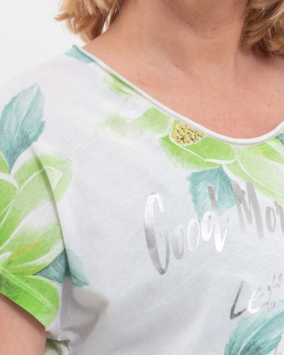 Tricou alb 'Chic Blossom' din bumbac, cu motive florale vernil și cuvinte [3]