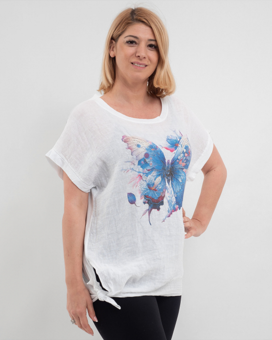 Tricou alb Fluture, din in si bumbac cu funda laterala [2]