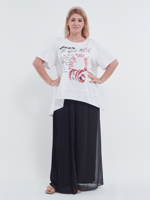Tricou alb oversized cu imprimeu muzical și croială asimetrică pentru stil urban [1]