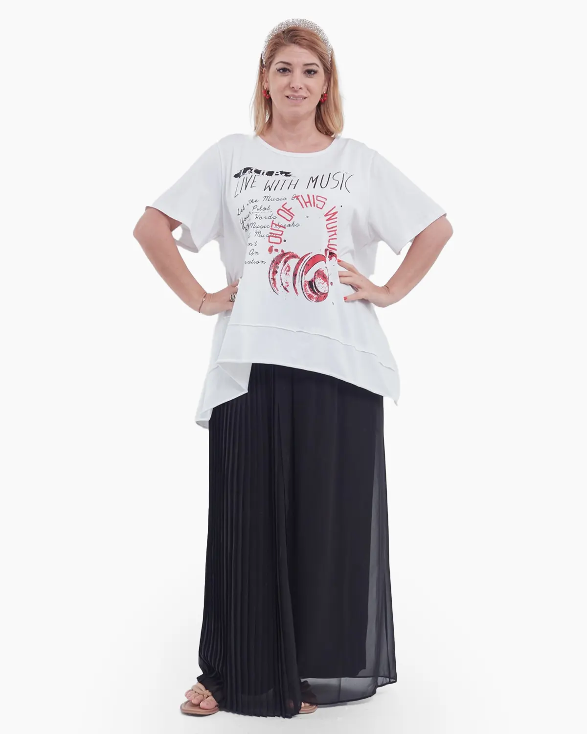Tricou alb oversized cu imprimeu muzical și croială asimetrică pentru stil urban [1]