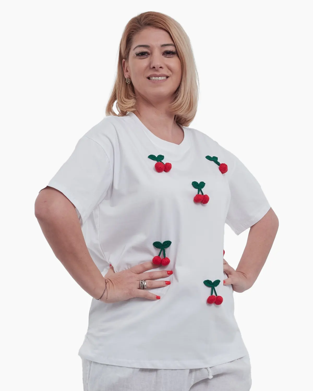 Tricou casual de vara din bumbac fin cu aplicatii delicate cirese croiala lejera maneci scurte talie unica alb [3]
