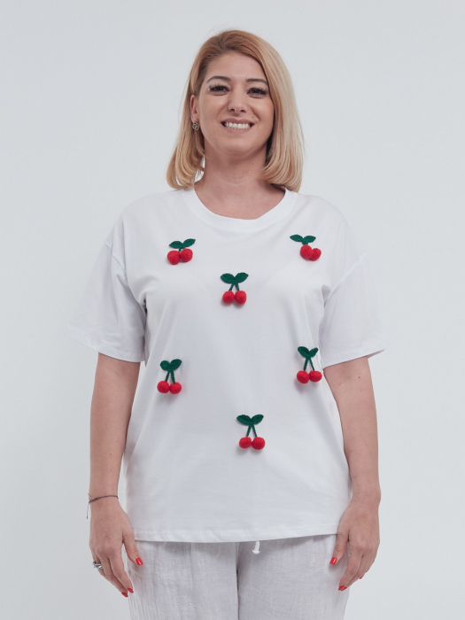 Tricou casual de vara din bumbac fin cu aplicatii delicate cirese croiala lejera maneci scurte talie unica alb [1]