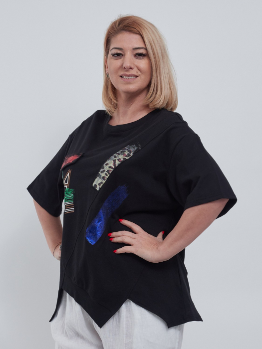 Tricou dama elegant din bumbac fin cu imprimeu abstract modern croiala lejera asimetrica umeri cazuti talie unica negru [2]