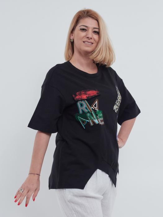 Tricou dama elegant din bumbac fin cu imprimeu abstract modern croiala lejera asimetrica umeri cazuti talie unica negru [3]
