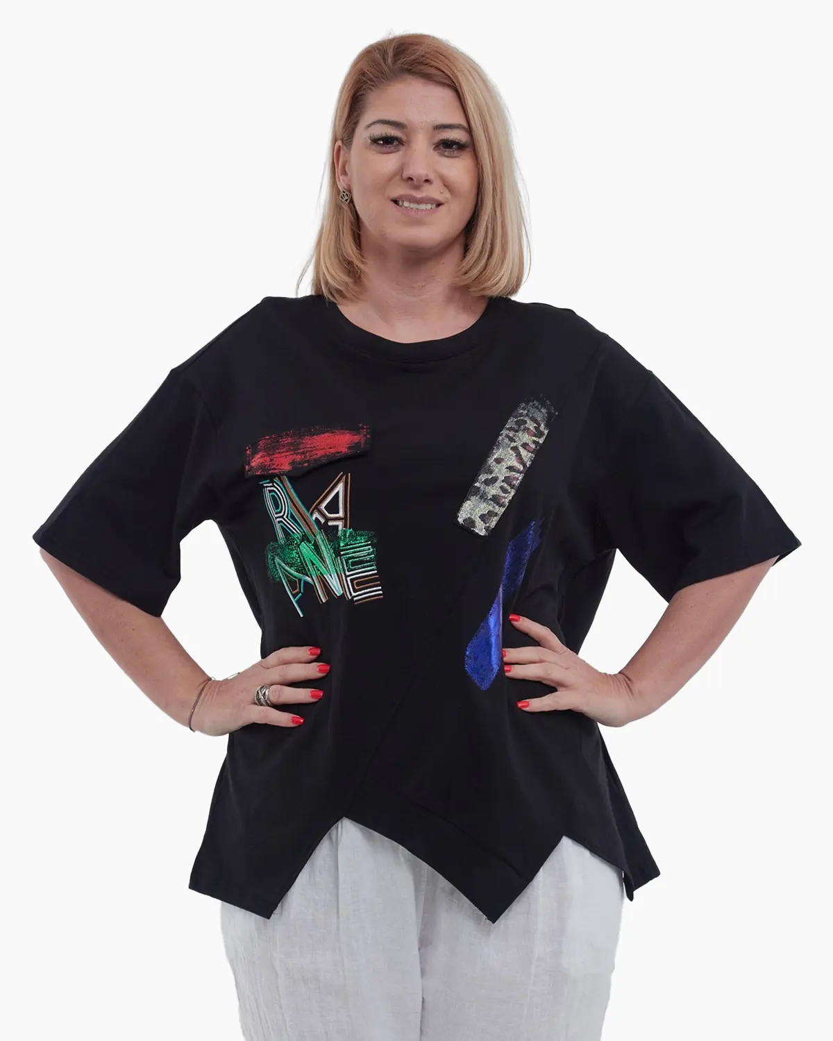 Tricou dama elegant din bumbac fin cu imprimeu abstract modern croiala lejera asimetrica umeri cazuti talie unica negru [1]