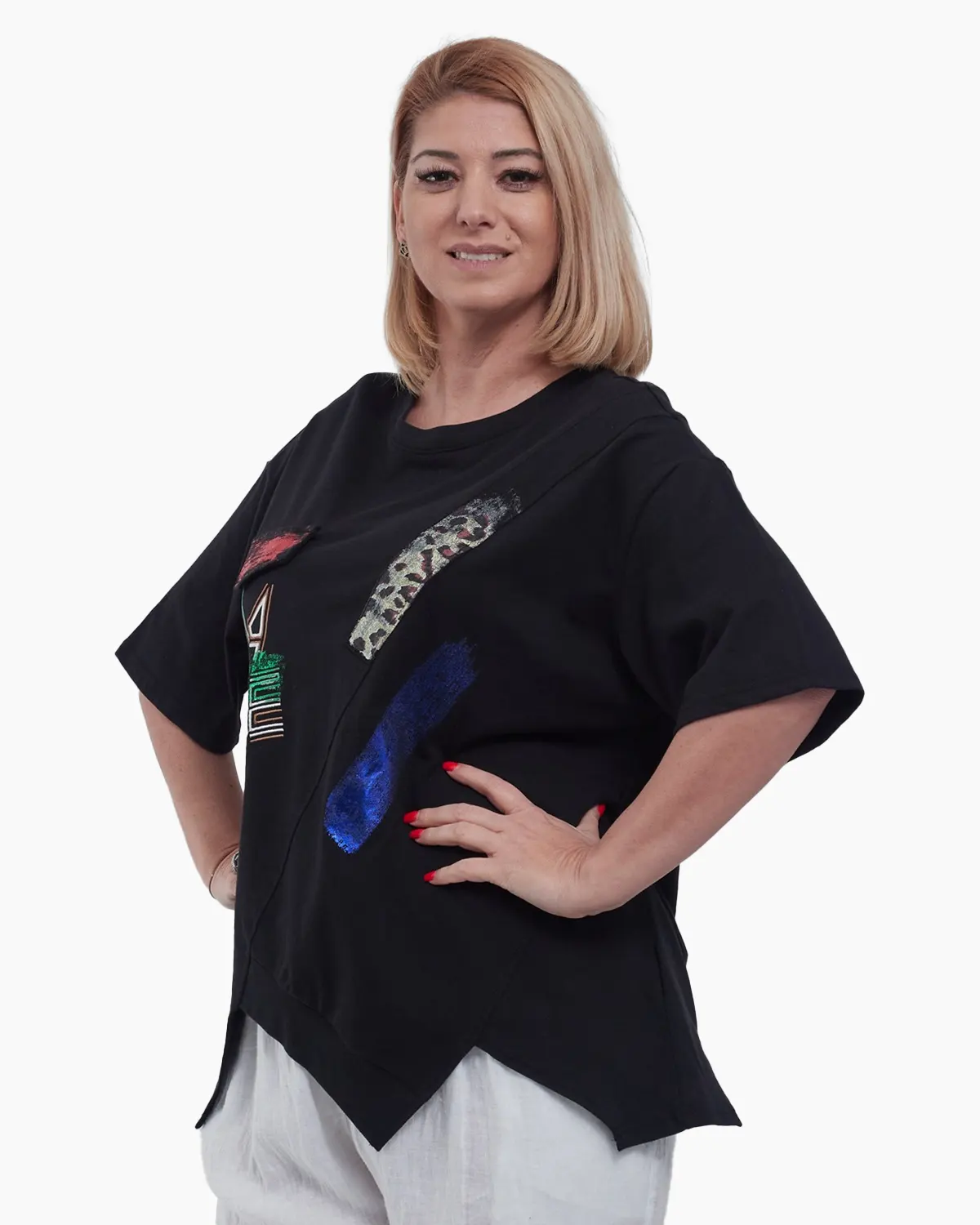 Tricou dama elegant din bumbac fin cu imprimeu abstract modern croiala lejera asimetrica umeri cazuti talie unica negru [2]