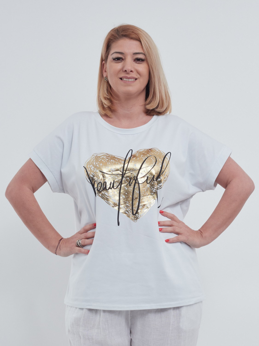 Tricou elegant de vara cu design inima aurie si umeri cazuti, din bumbac premium usor elastic, perfect pentru un look casual chic, alb [4]
