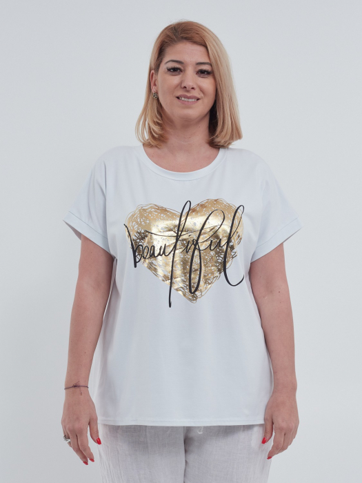 Tricou elegant de vara cu design inima aurie si umeri cazuti, din bumbac premium usor elastic, perfect pentru un look casual chic, alb [1]