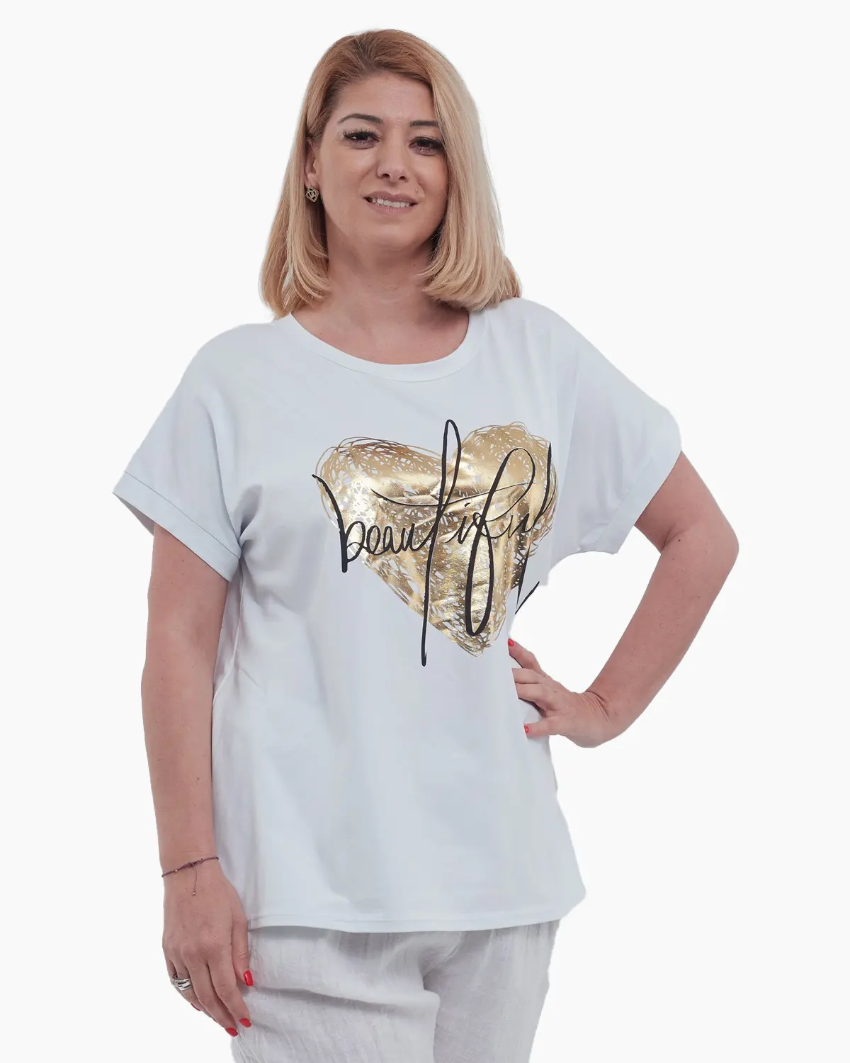 Tricou elegant de vara cu design inima aurie si umeri cazuti, din bumbac premium usor elastic, perfect pentru un look casual chic, alb [2]