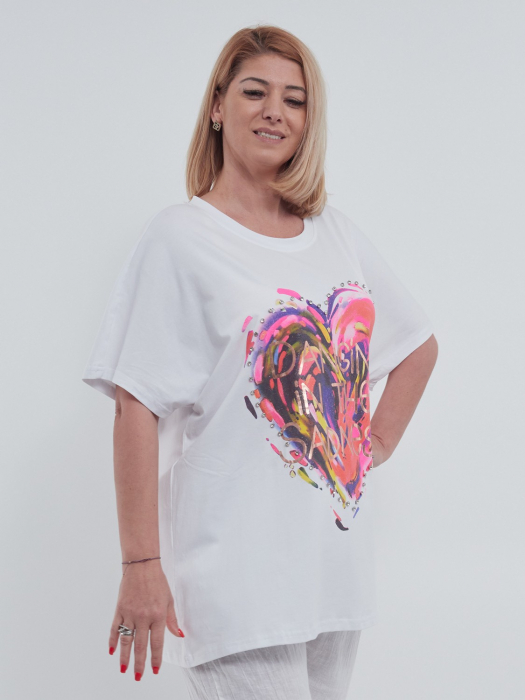 Tricou elegant din bumbac usor elastic cu imprimeu inima, pietricele stralucitoare si croiala fluture lejera cu umeri cazuti, alb [3]