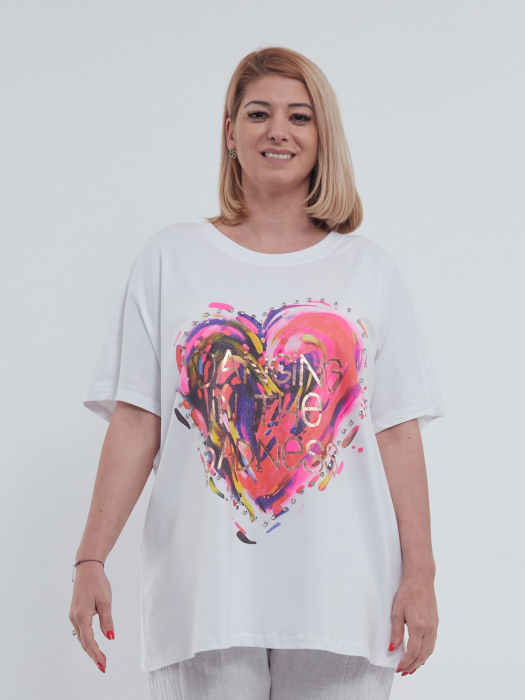 Tricou elegant din bumbac usor elastic cu imprimeu inima, pietricele stralucitoare si croiala fluture lejera cu umeri cazuti, alb [4]