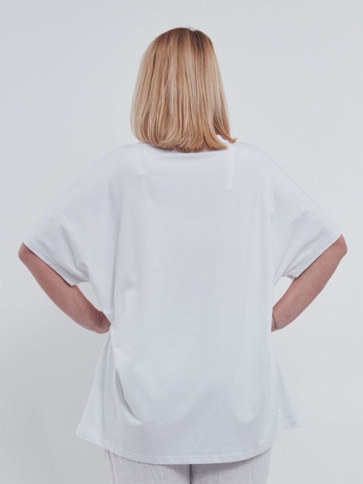 Tricou elegant din bumbac usor elastic cu imprimeu inima, pietricele stralucitoare si croiala fluture lejera cu umeri cazuti, alb [2]