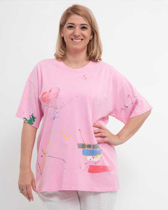 Tricou larg roz din bumbac gros cu imprimeu abstract [1]