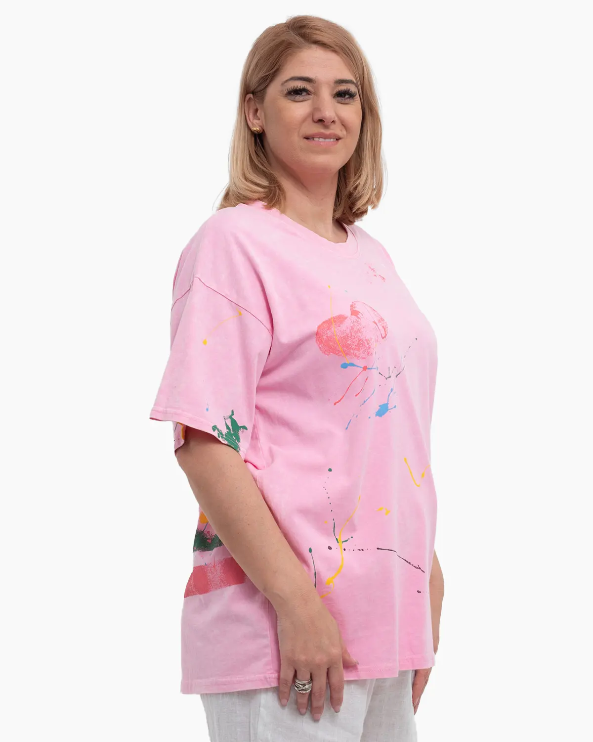 Tricou larg roz din bumbac gros cu imprimeu abstract [3]