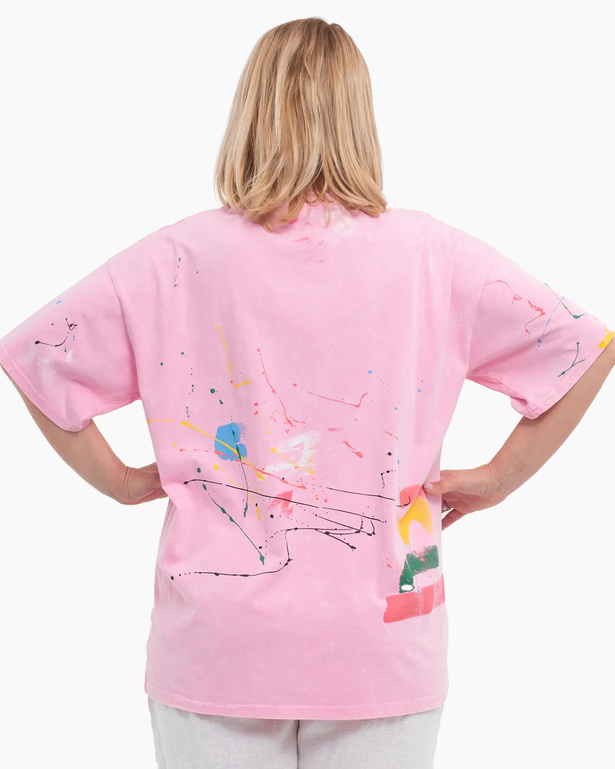 Tricou larg roz din bumbac gros cu imprimeu abstract [2]