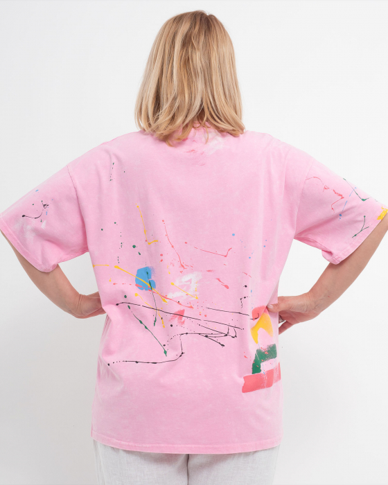 Tricou larg roz din bumbac gros cu imprimeu abstract [2]