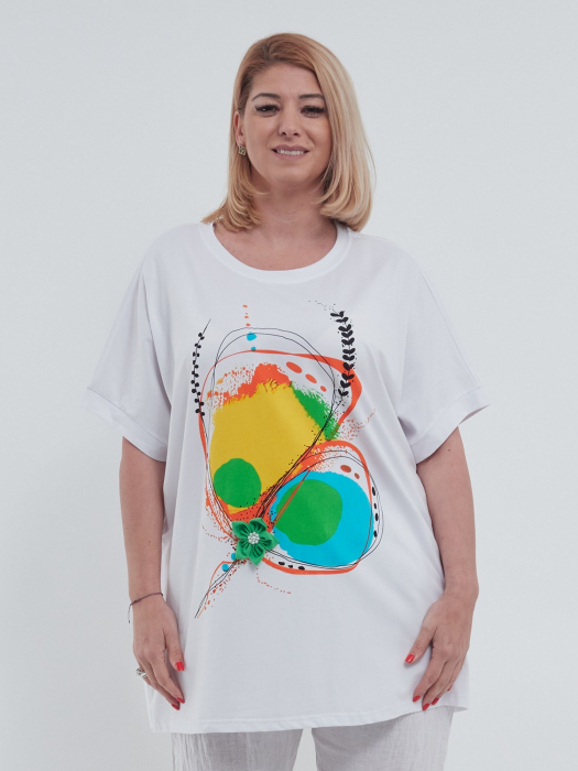 Tricou lejer din bumbac cu umeri cazuti si imprimeu abstract distinctiv, design modern pentru confort si stil casual chic, talie unica, alb [4]