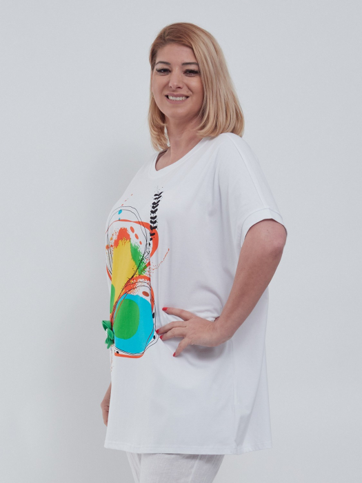 Tricou lejer din bumbac cu umeri cazuti si imprimeu abstract distinctiv, design modern pentru confort si stil casual chic, talie unica, alb [3]