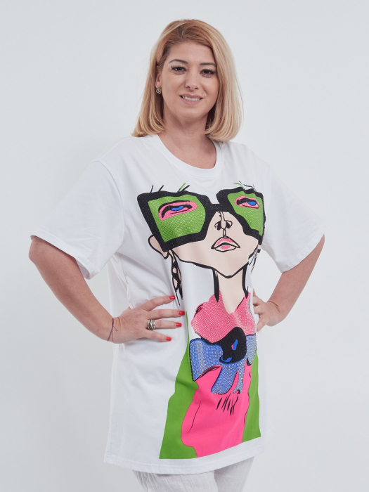 Tricou lung casual din bumbac premium usor elastic cu imprimeu grafic frontal si paiete delicate design lejer maneci scurte talie unica alb [3]