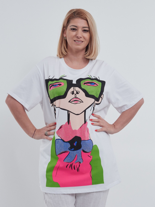Tricou lung casual din bumbac premium usor elastic cu imprimeu grafic frontal si paiete delicate design lejer maneci scurte talie unica alb [1]