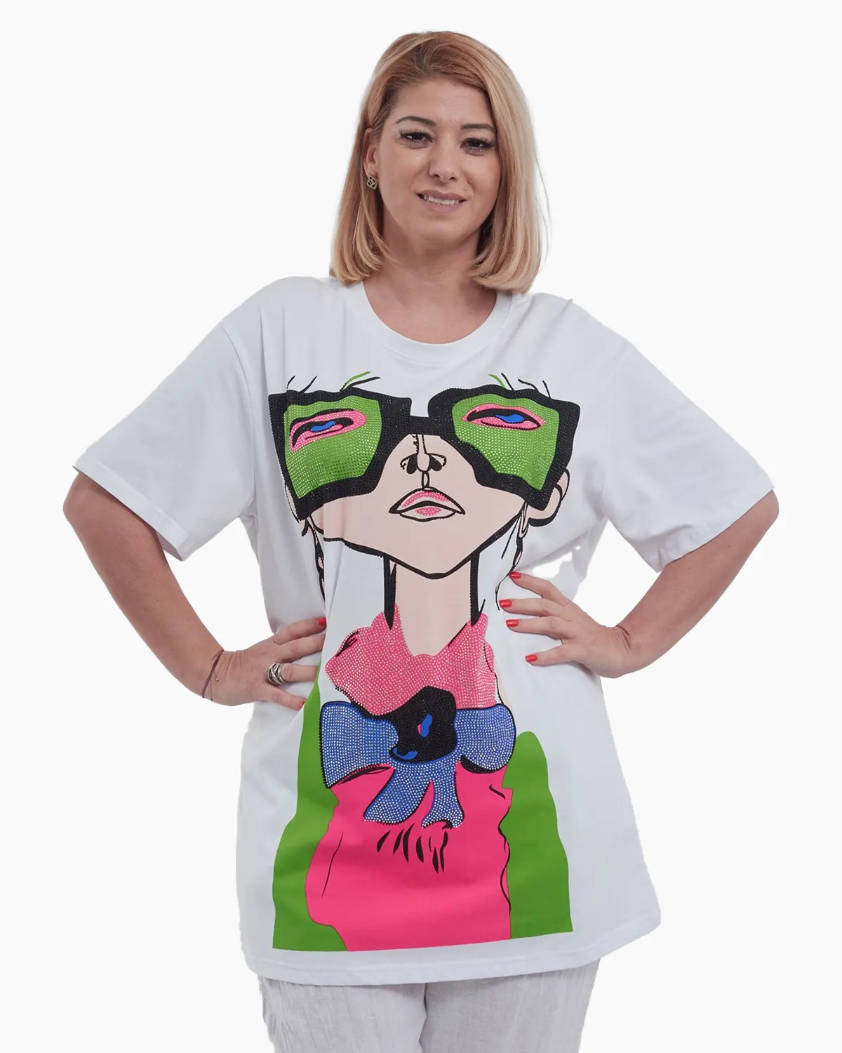 Tricou lung casual din bumbac premium usor elastic cu imprimeu grafic frontal si paiete delicate design lejer maneci scurte talie unica alb [1]